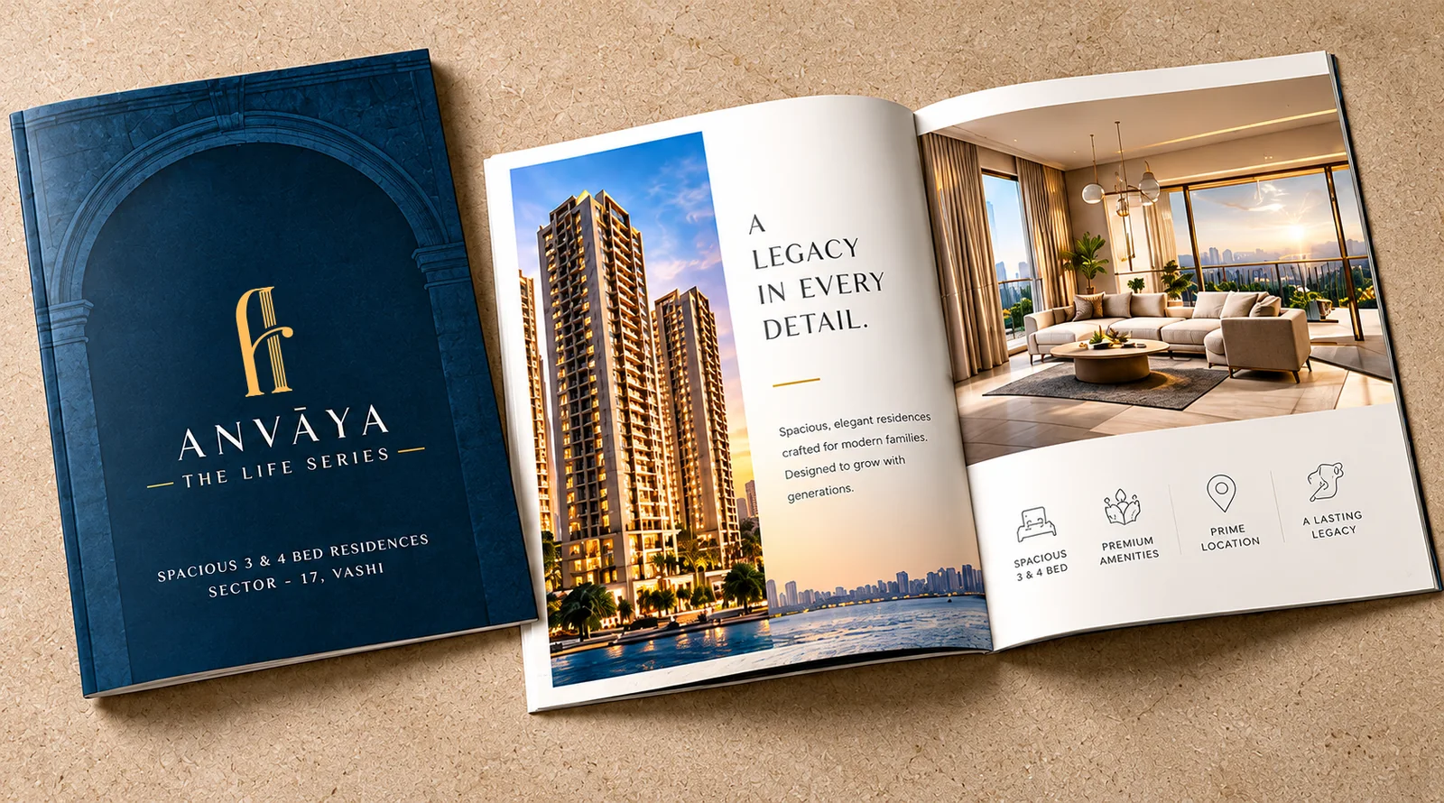Anvaya real estate brochure design with embossed cover and lifestyle spread