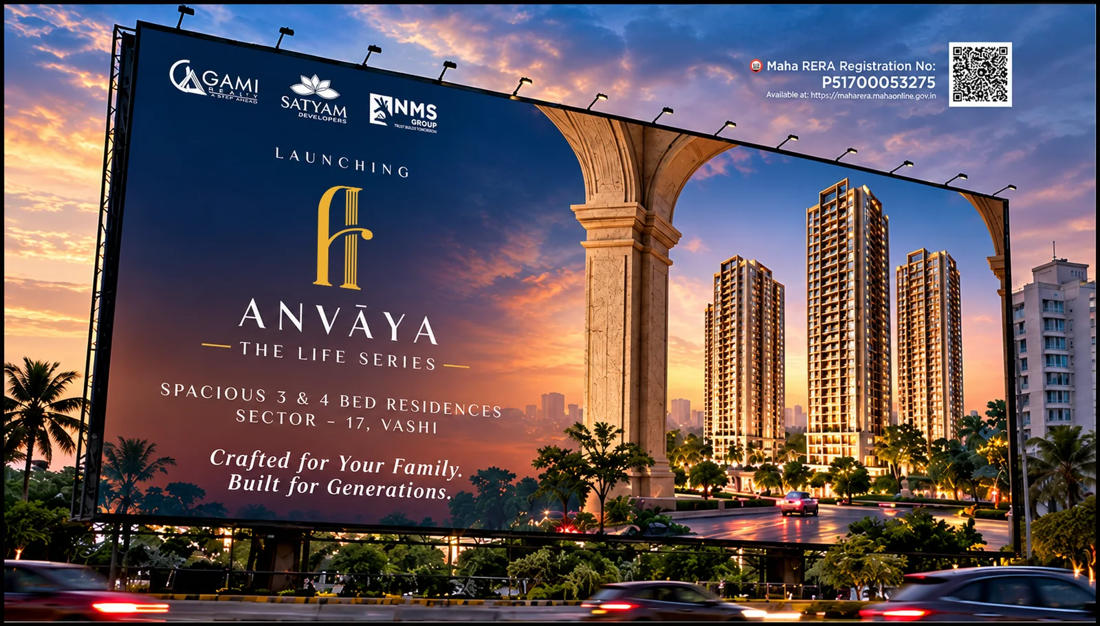 Anvaya The Life Series launch billboard with logo and residential towers designed by The Shades