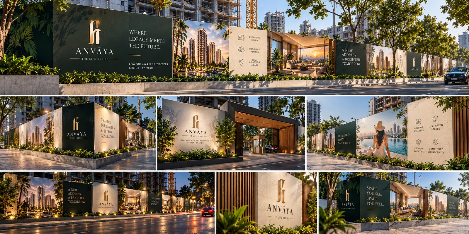Anvaya site hoarding designs with logo, headlines and amenity icons around a construction site
