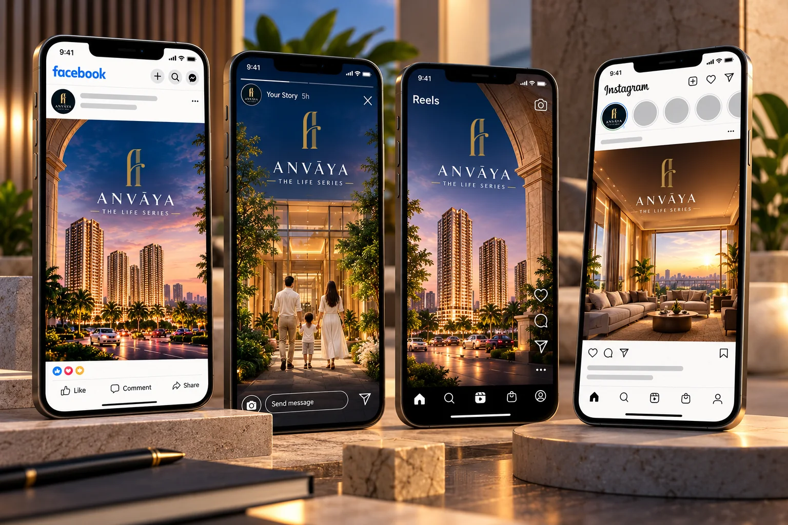 Anvaya Facebook post, Instagram story, reel and feed creatives on phone mockups
