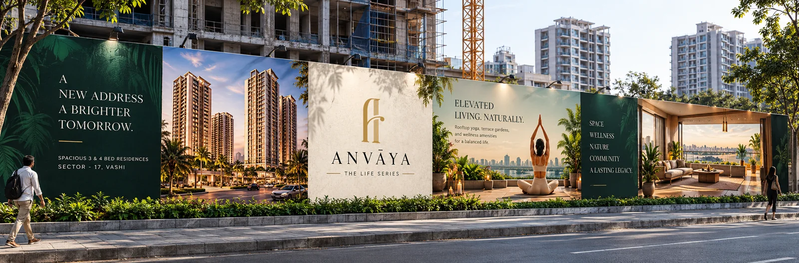 Anvaya long site hoarding design with residences, yoga terrace and living room panels