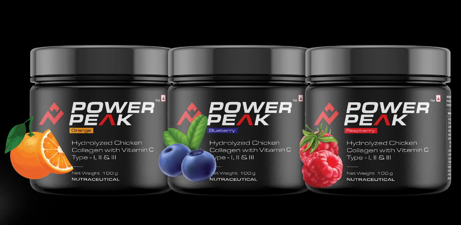 Three black collagen jars in orange, blueberry and raspberry flavours