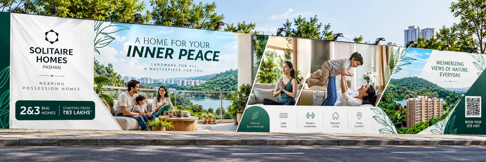 Solitaire Homes Pashan site hoarding design with lake view, family images and amenity icons by The Shades