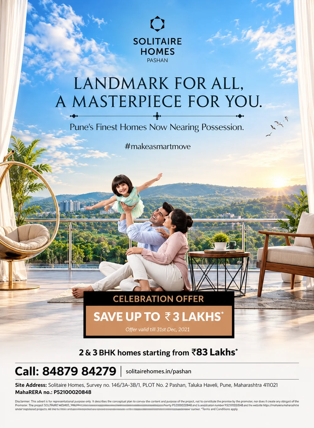 Solitaire Homes Pashan newspaper print ad with terrace view, family and offer box
