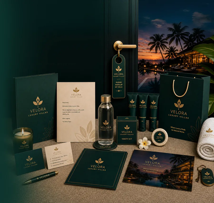 Sample resort brand identity with stationery, key tags and packaging