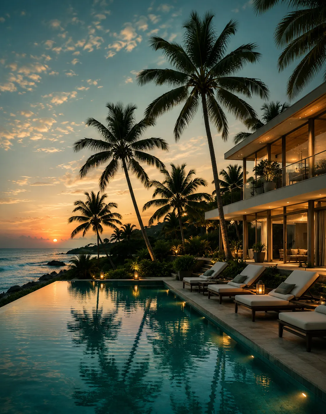 A resort at sunset with palm trees and an infinity pool