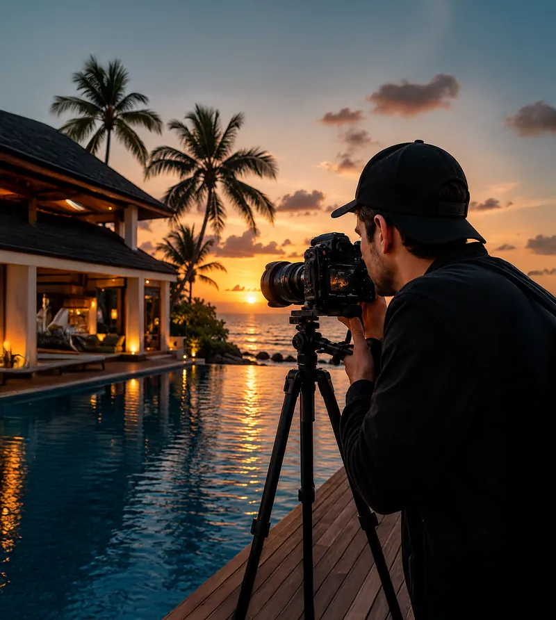 Photographer shooting a resort pool at sunset