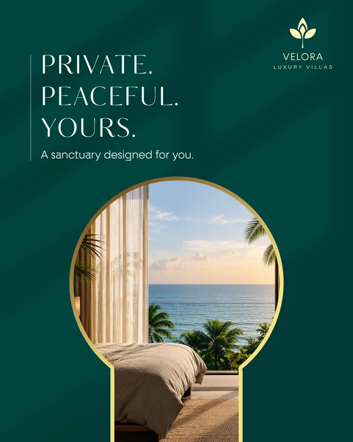 Sample resort social media post with a sea view framed in an arch