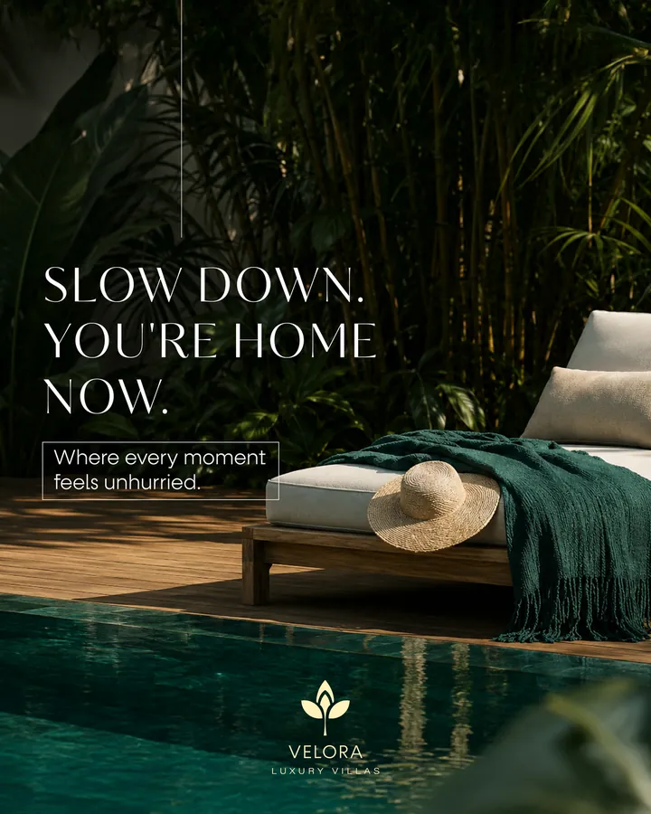 Sample resort social media post with a garden daybed