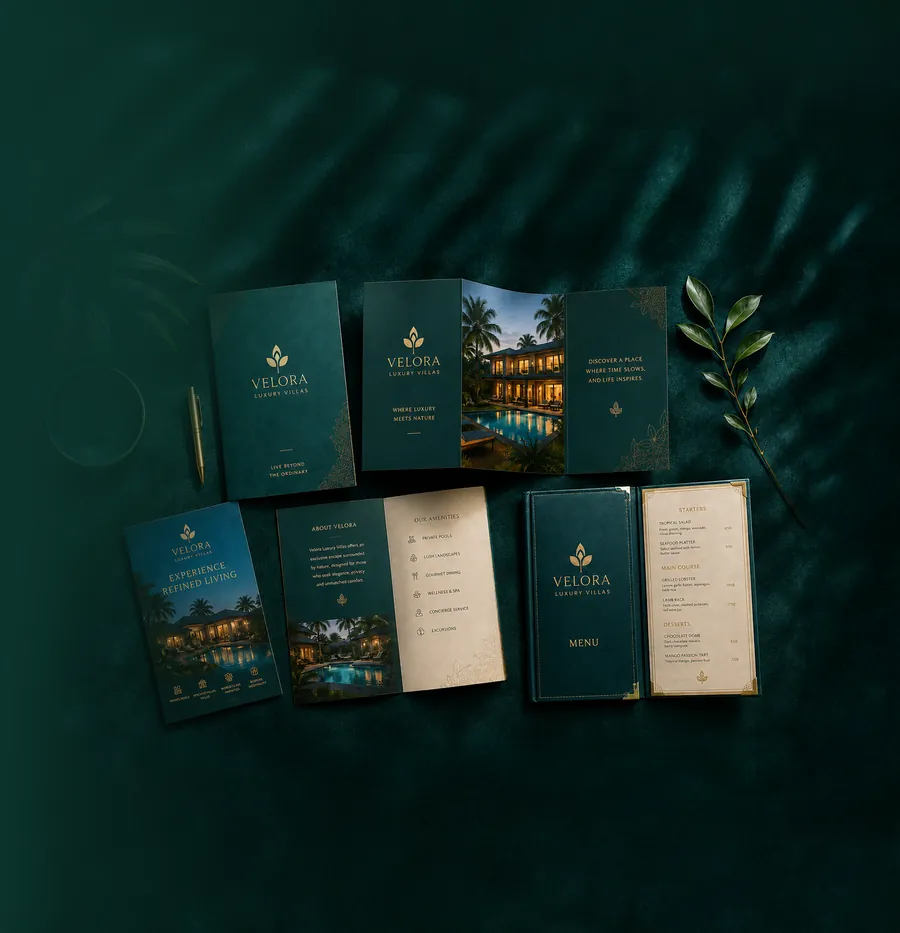 Sample resort brochures and menus in dark teal
